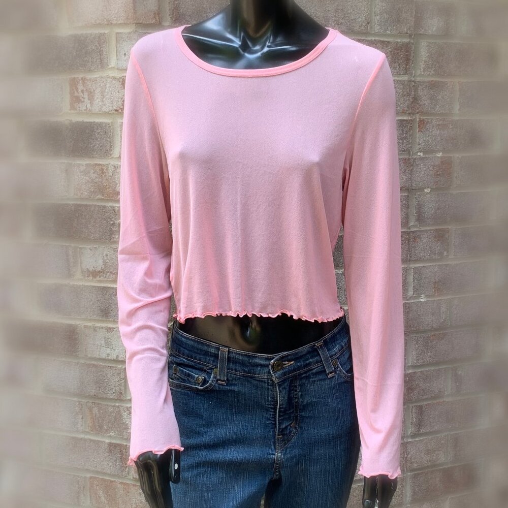 Aerie Cropped Semi Sheer Ruffled Hem Long Sleeve Top Sz XL NWT